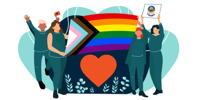 Image of 2SLGBTQIA+ communities represented by an inclusive flag and folx