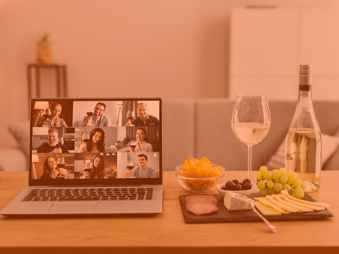 A virtual meeting with some white wine and cheese