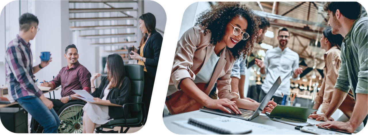 Two photos depicting diverse groups of people working together happily in an office space with the Virtual Gurus.