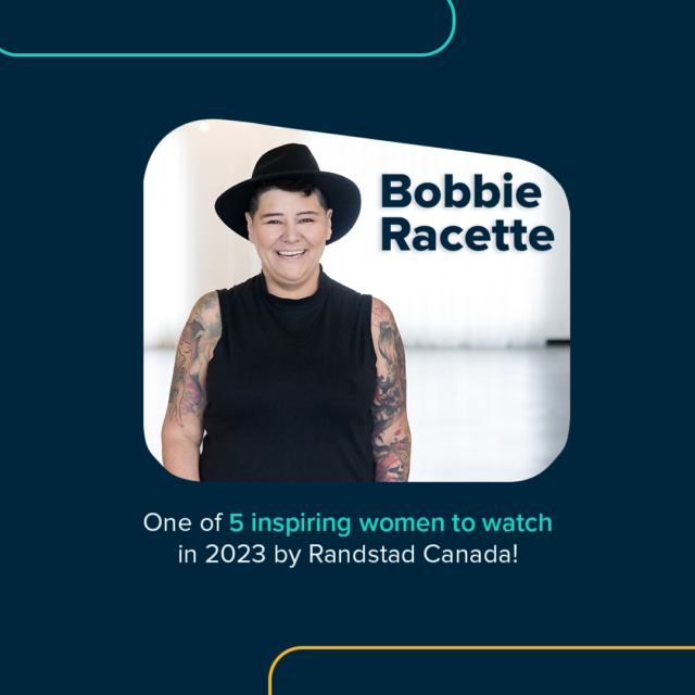 Bobbie Racette wearing a black hat and smiling at the camera with text below stating she
