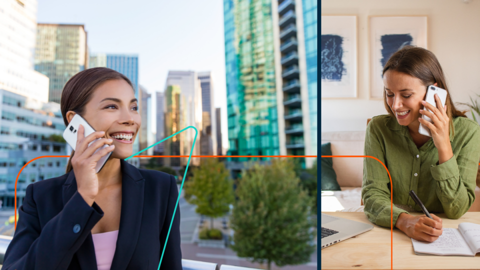 Two caucasian woman in different settings and talking on the phone to each other smiling. One real estate woman is outside with buildings and the other in her home office.