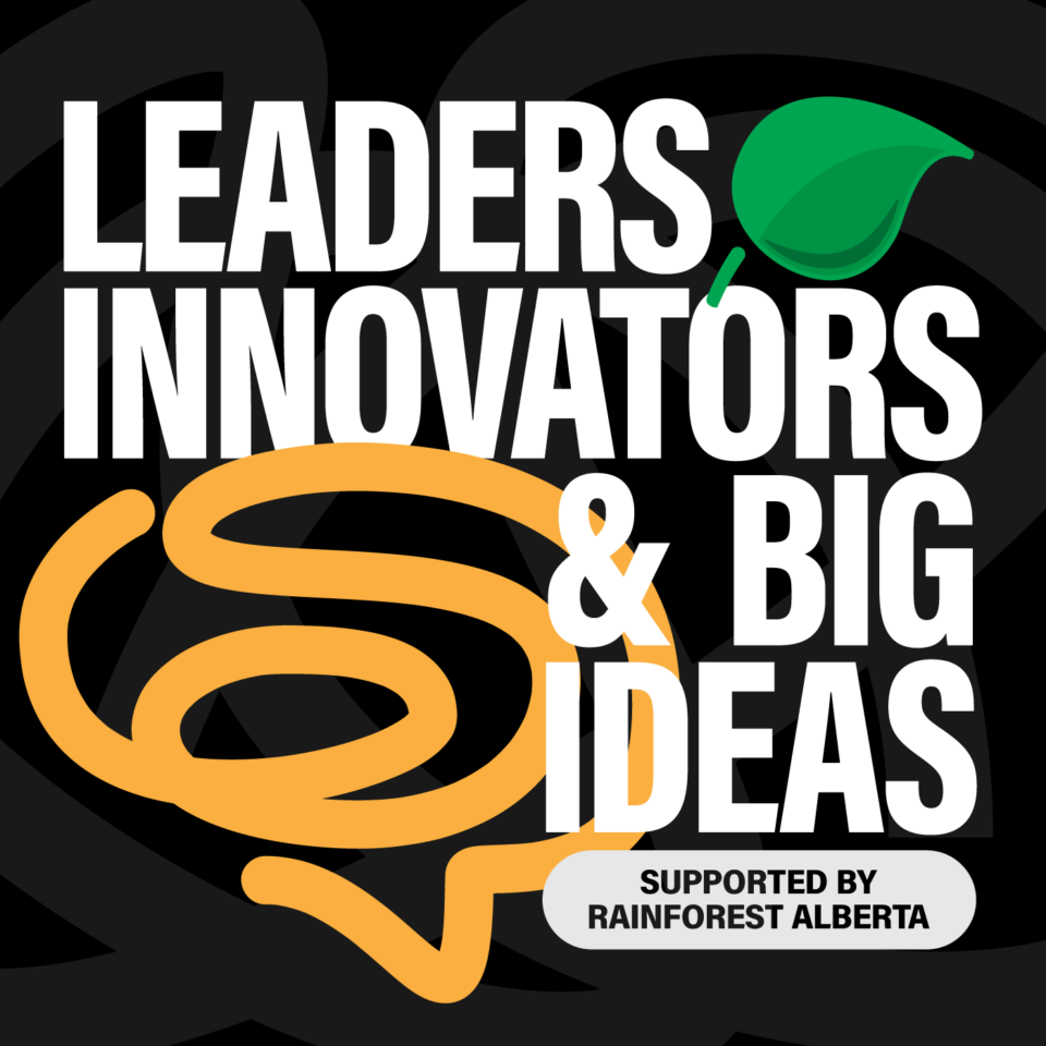 Logo graphic for Leaders, innovators and big ideas podcast with a green leaf and orange thought bubble swirl.