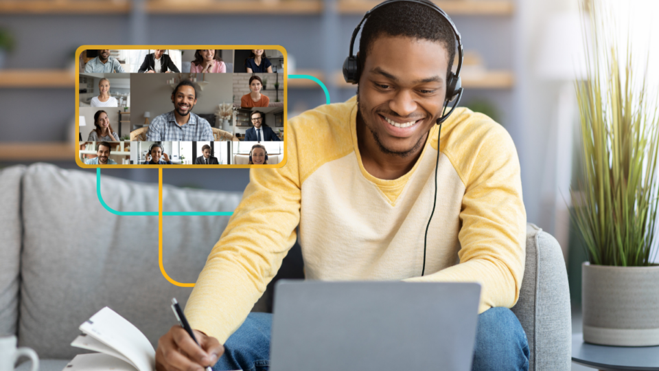 Virtual assistant, young Black man, with headset on during virtual meeting