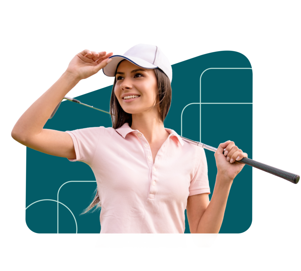 Caucasian woman holding golf club behind her head, relaxed as a virtual admin assistant handles her to-do list.