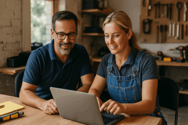 Deux propriétaires de petites entreprises de services à domicile, un homme et une femme, souriant et consultant des messages sur un ordinateur portable dans un atelier ensoleillé. Les outils et l