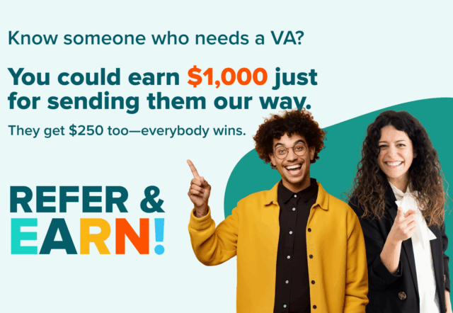Two happy virtual assistants smiling and pointing to the referral program.