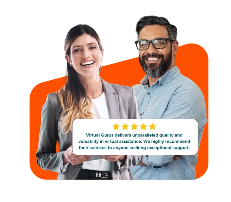 One woman and one man standing against an orange background happy with their virtual assistant services.